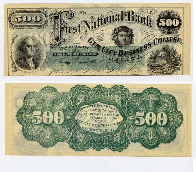 Illinois, Quincy, College Currency, $500, 1873