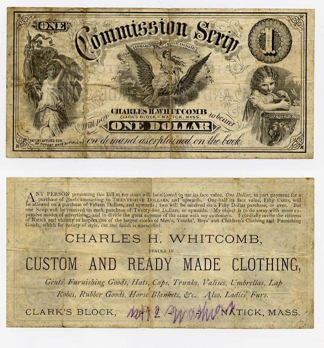 Natick, Massachusetts, Charles H Whitcomb, $1 Commission Scrip