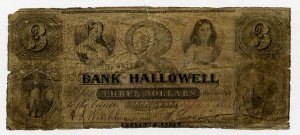 Maine, Hallowell, Bank of Hallowell, $3, 1850s