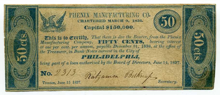 New Jersey, Trenton, Phenix Manufacturing Co., 50 Cents, June 15, 1837
