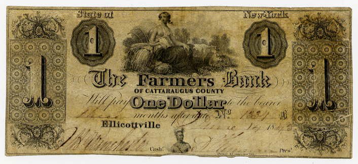 New York, Ellicottville, Farmers Bank of Cattaraugus County, $1, June 14, 1843