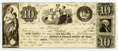 New York, New York, Chappel & Chase's Patent Ox Yoke, $10 advertising note, 185-, (1850s)