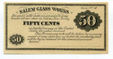 New Jersey, Salem, Salem Glass Works, 50 Cents, Sept 1st 18--, (1870s)