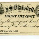 New Hampshire, Wentworth, J.S. Blaisdell, 25 Cents, Nov 1, 1862