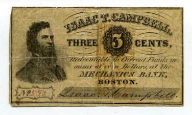 Massachusetts, Boston, Isaac T Campbell, 3 Cents, No Date (1862-64)