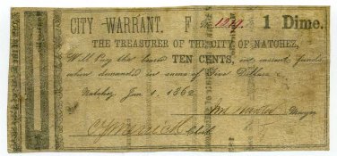 Mississippi, Natchez, City of Natchez, 10 Cents (1 Dime), Jan 1, 1862