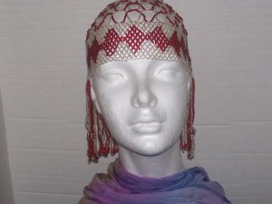 Egyptian Beaded Head Piece - Red & Silver-TBM-BHP-032