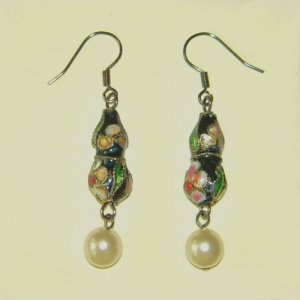 Oriental Pear Shape Dangle Blue Cloisonne Earrings