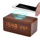 Wooden Digital Alarm Clock with Qi Wireless Charging Pad, Calendar, Temp Display
