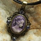 NEW PURPLE ANTIQUE LOOK LADY CAMEO CRYSTAL NECKLACE
