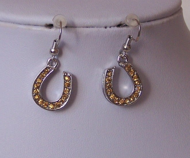 Brown Western Rodeo Crystal Horseshoe Horse Shoe Earrings