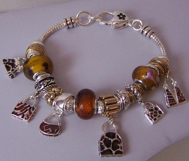 Brown Animal Print Handbag Purse Murano Glass Charm Bracelet