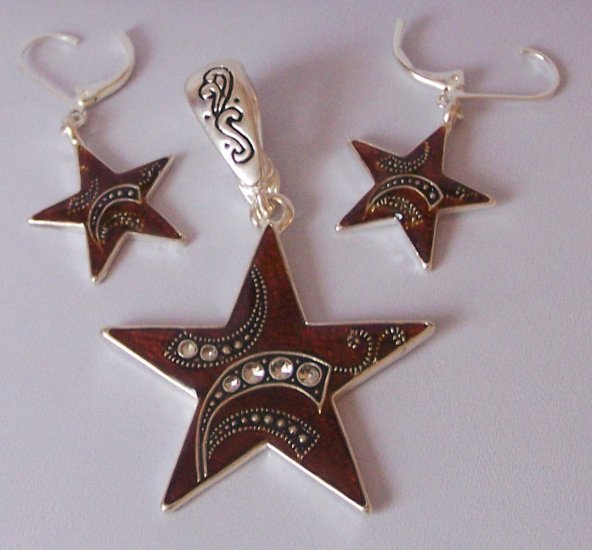 Brown Western Art Deco Style Rodeo Texas Star Lonestar Necklace Pendant Earring Set
