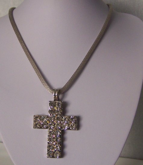 Clear Crystal Religious Christian Cross Chunky Western Necklace