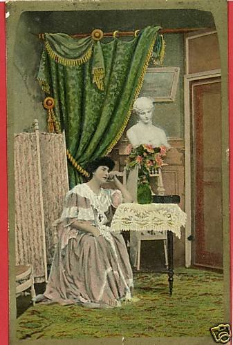 WOMAN WAITING TABLE LACE SCREEN DRAPES BUST POSTCARD