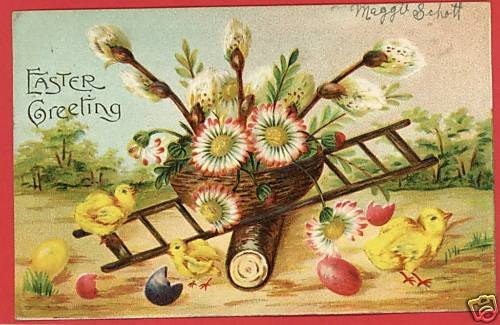 EASTER CHICKS LADDER EGGS BASKET LOG 1908 POSTCARD