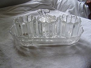 Vintage Glass Condiment Set w/Tray & Spoon