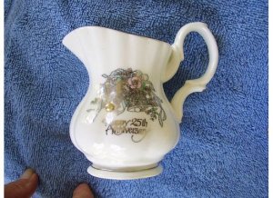 25th Anniversary Miniature Pitcher w/Imitation Pearl Attached - Roman Inc. Dated 1988