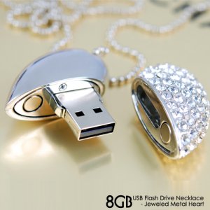 8GB USB Flash Drive Necklace - Jeweled Metal Heart