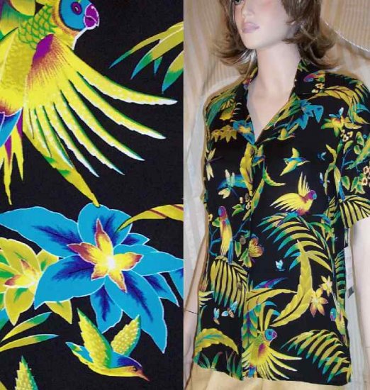 Silk Parrot Mofif Camp Shirt - Bold, Beautiful by Ann May - Retail $150 - YOUR PRICE $22.99 - XS