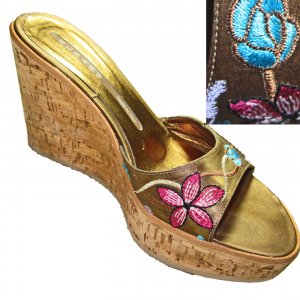 ALBANO Italian Cork Sole WEDGE PLATFORM Slide Shoes Embroidered 5.5