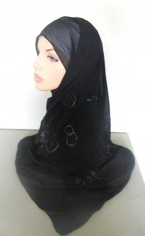 Sequin Flower Hijab - Black