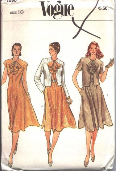 Vogue 7898 Vintage Sewing Pattern Dress with Jabot/Ruffled Collar and Cropped Jacket