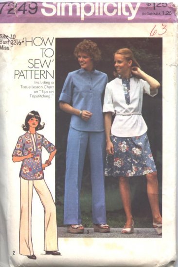 Simplicity 7249 Tunic, Skirt, and Pants Vintage 1970s Sewing Pattern