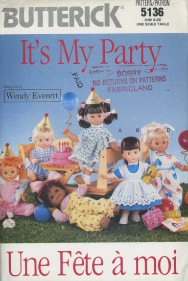 Butterick 5136 Doll Clothes Sewing Pattern for 16 Inch Dolls dated 1990