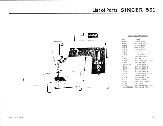 Singer 631 Sewing Machine Parts Lists and Exploded Views etc