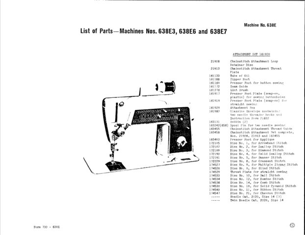 Singer 638E7 Sewing Machine Parts Lists and Exploded Views etc
