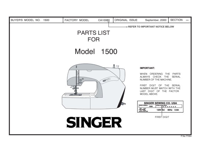 Singer 1425 Sewing Machine Parts Lists and Exploded Views etc