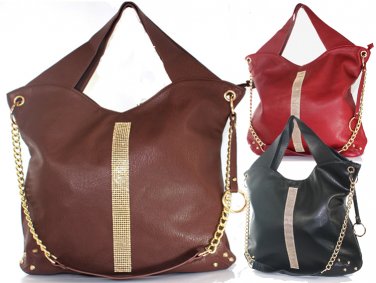 Fashion Designer Inspired Leather Chain Handle Handbag Black Brown Burgundy Red