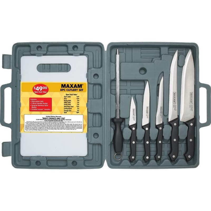 Maxam Stainless Steel Knife Set with Cutting Board and Case