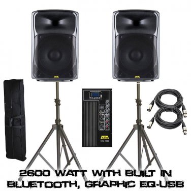 (Pair) KALO 215ABT 15" Active/Powered DJ/PA (2) XLR CABLE 15FT - (2) Heavy Speaker Stand W/ Bag