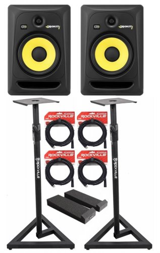(2) KRK RP8-G3 Rokit Powered 8" Powered Studio Monitors+Stands+MOPAD+4 Cables