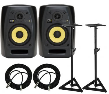 KRK VXT4 Active Studio Monitor + Heavy Duty Monitor Stands (Set of 2) and (2) XLR Cables 18ft each