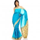 Plain Turquoise Tussar Sari with Banarasi Brocade on Border and Pallu