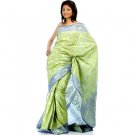 Lime and Blue Densely Woven Jamdani Floral Sari