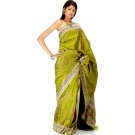 Olive-Green Satin Valkalam Sari with Floral Brocaded Border and Pallu