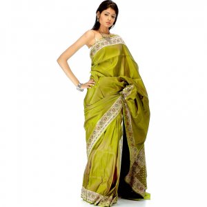 Olive-Green Satin Valkalam Sari with Floral Brocaded Border and Pallu