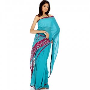 Sea-Green Sari with Sequins and Threadwork