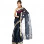 Black Hand-Woven Tengail Sari with Golden and White Thread Weave