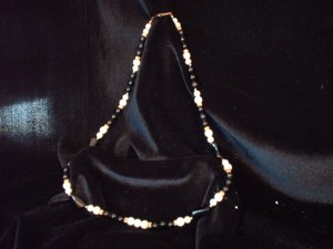Glass BLack & white with Gold beads, long