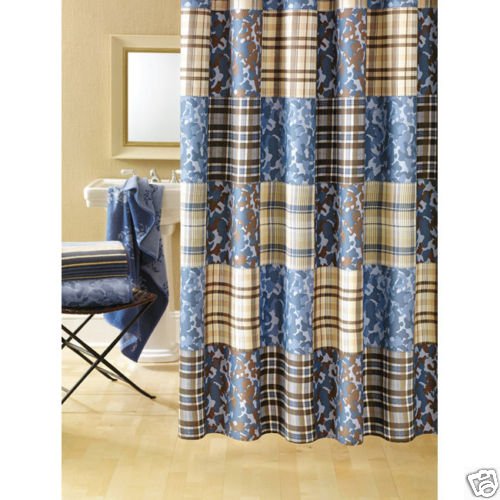 Perry Ellis America Camo Patch Shower Curtain NEW Blue