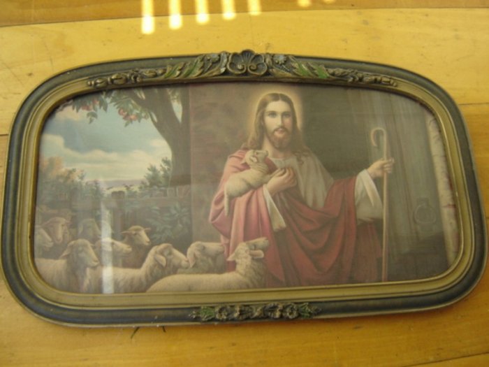 OLD Religious Print Jesus Shepherd Lambs Art Deco Frame