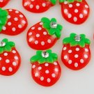 6 Red Strawberry Resin Flatbacks + Rhinestone