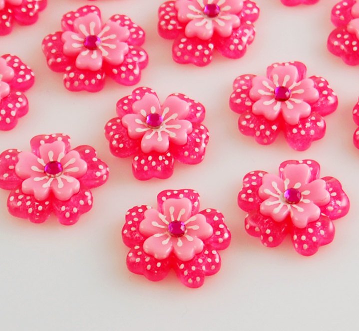 6 Pink Flower Resin Cabochons + Rhinestone