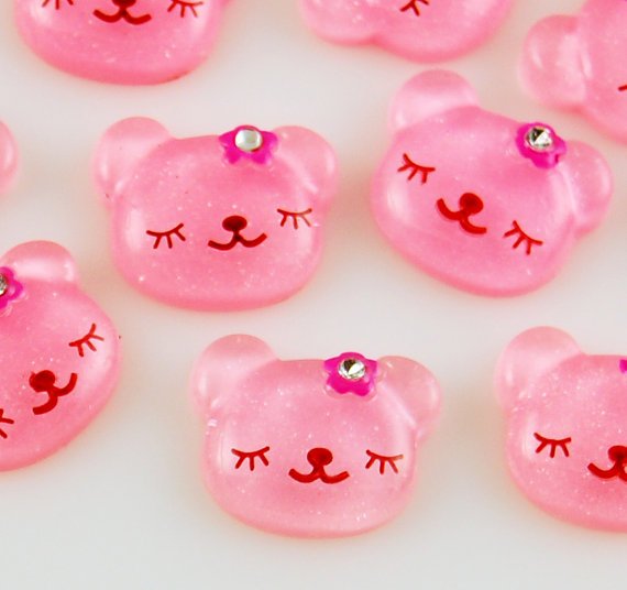6 Pink Bear Resin Cabochons