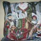 SMALL GREEN BACK PILLOW W/ CHRISTMAS  TAPESTRY FRONT